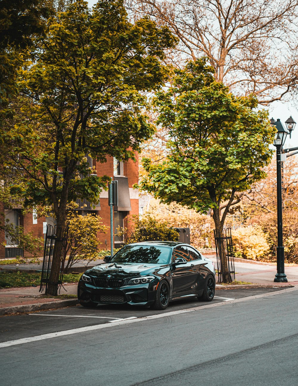 black sedan on road near green trees during daytime