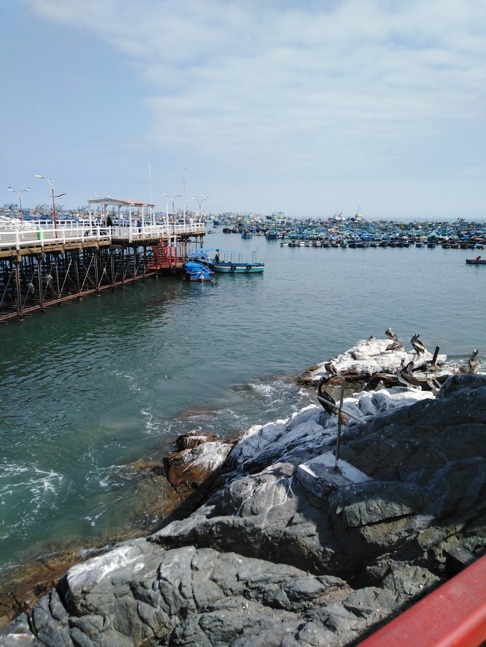 red and white wooden dock on body of water during daytime