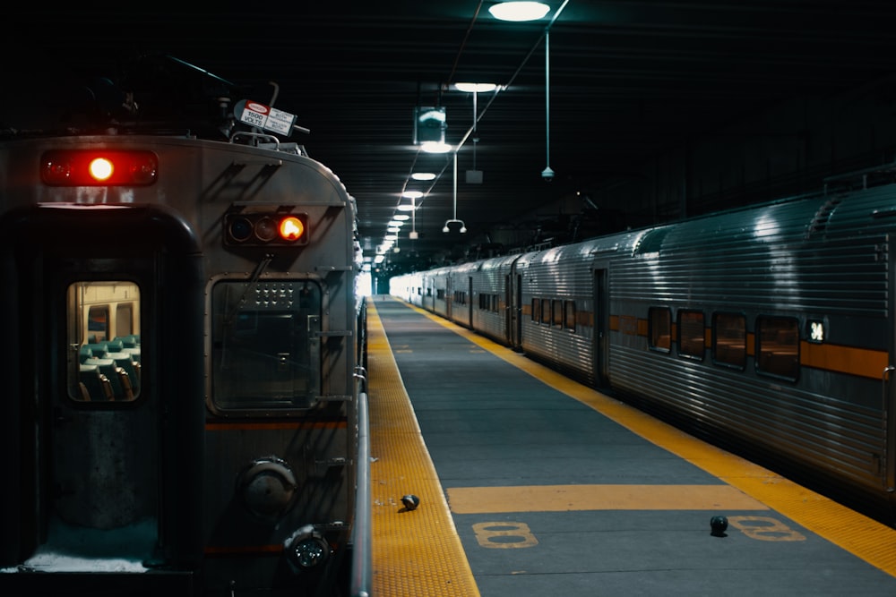 black and white train in train station