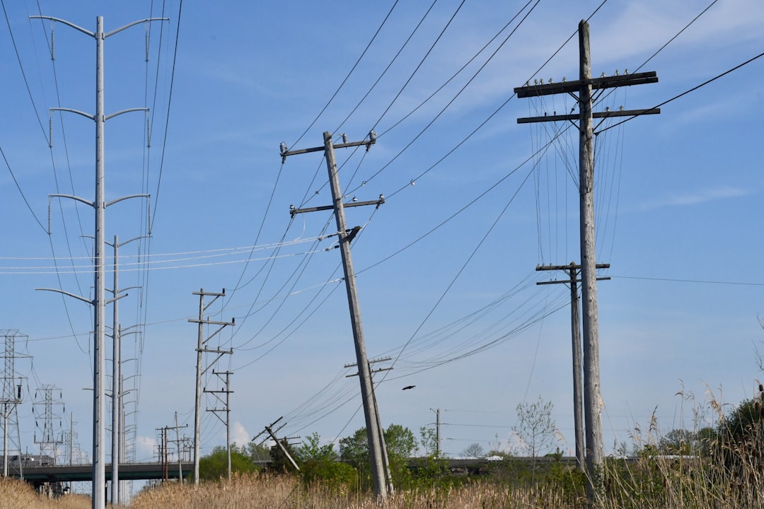 brown wooden electric post on green grass field under blue sky during daytime