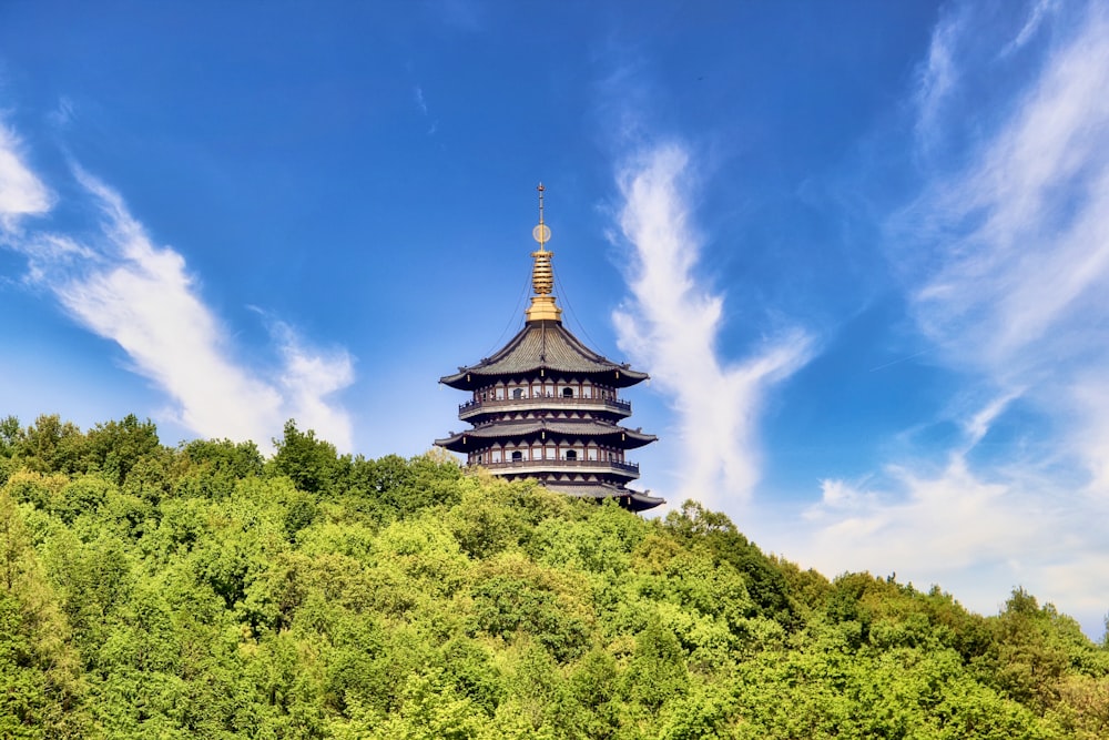 brown and green temple surrounded by green trees under blue sky during daytime