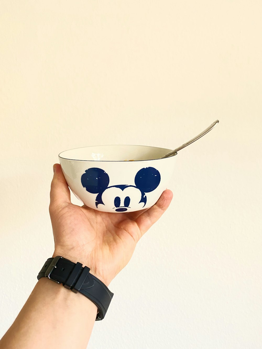person holding white and blue ceramic bowl