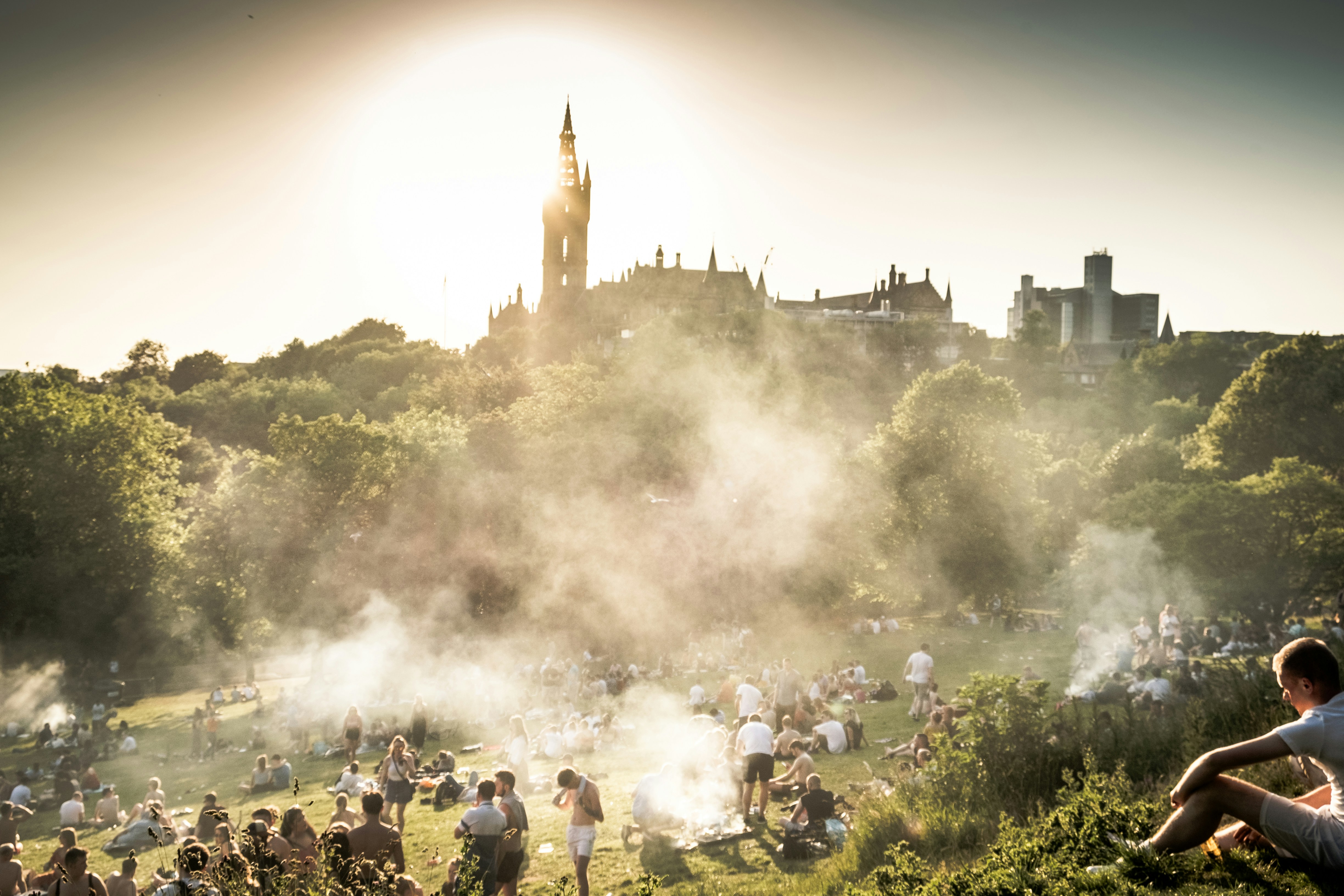 The hottest day ever recorded in Glasgow and everyone is out enjoying the sunshine with BBQs in Kelvingrove Park. Kelvingrove Park is located in Glasgow's West End and is popular with students and young families.