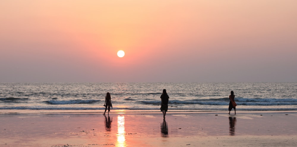 silhouette of 2 people standing on beach during sunset