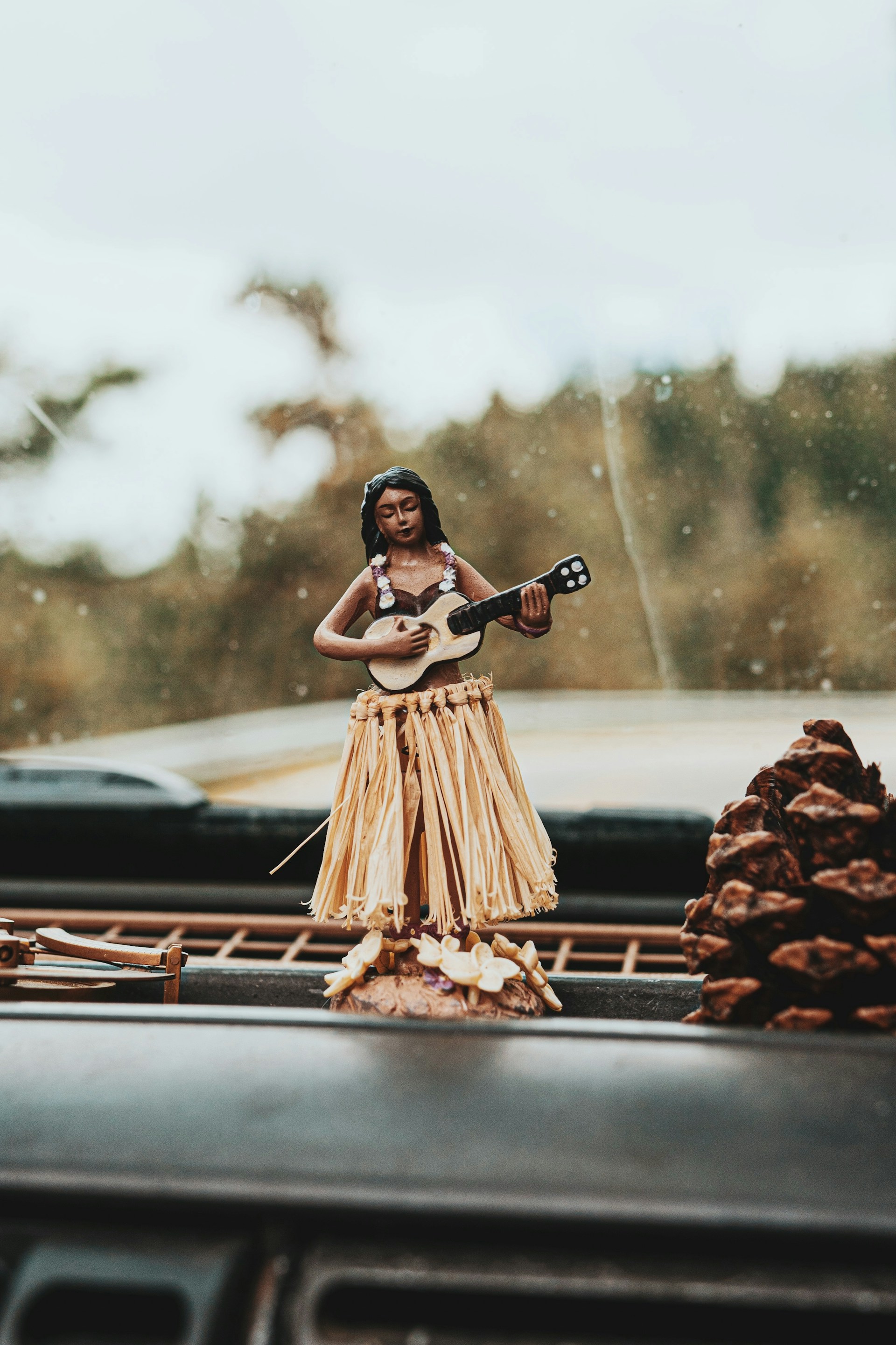 A dashboard with a small hula dancer figurine featuring a straw skirt and a ukulele. The background is a blurred outdoor view and a large pinecone is visible next to the figurine.