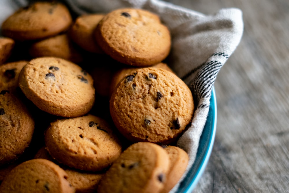 brown cookies on blue ceramic plate