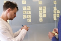 Several people are collaborating in an office setting, using sticky notes on a transparent board divided into columns labeled Q2, Q3, and Q4. Each column contains tasks or goals labeled under various headings. One person is writing on a sticky note while another is holding notes.
