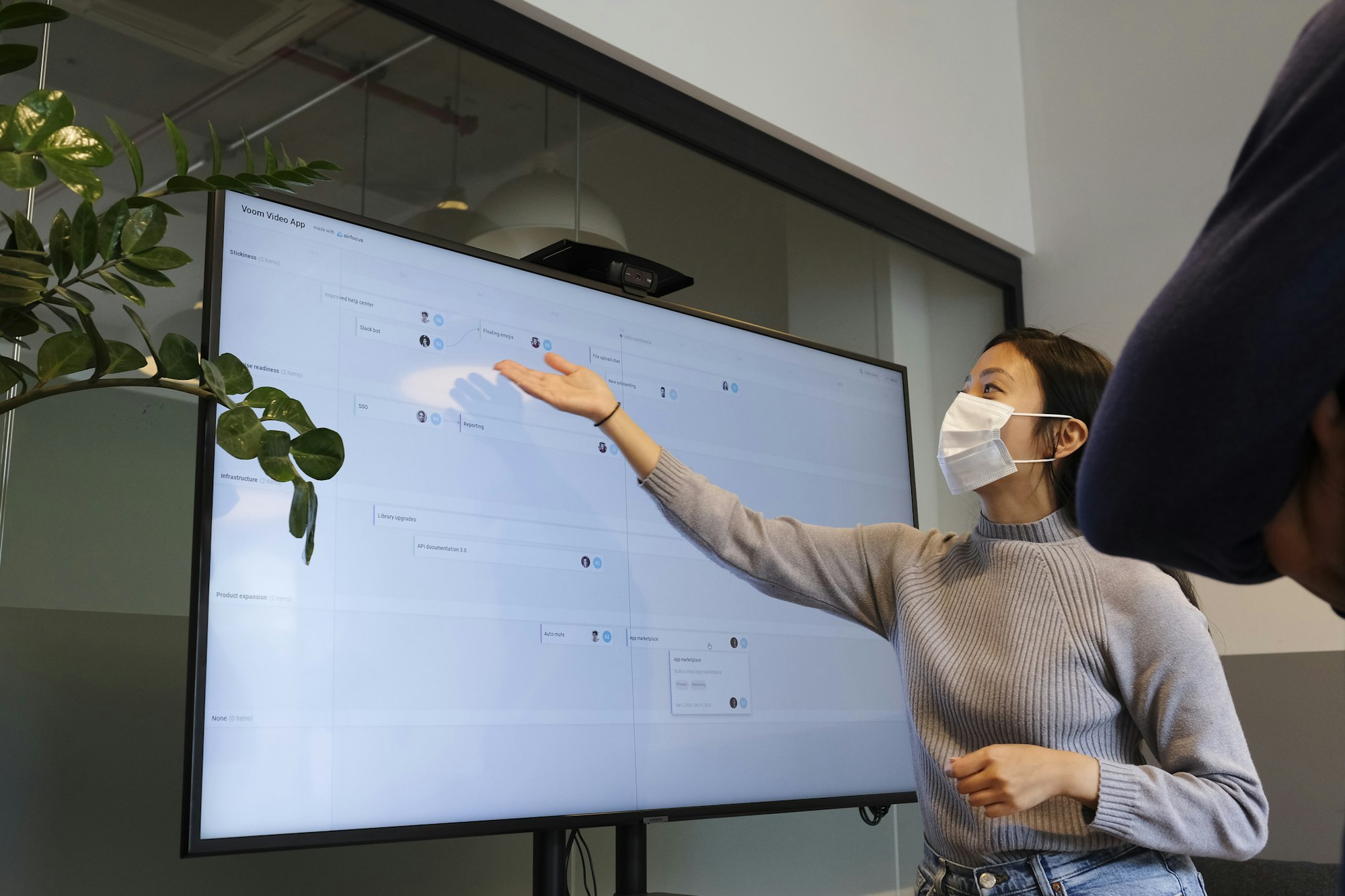 Working from WeWork in a post Coronavirus environment. Roadmap planning session with protection mask. 