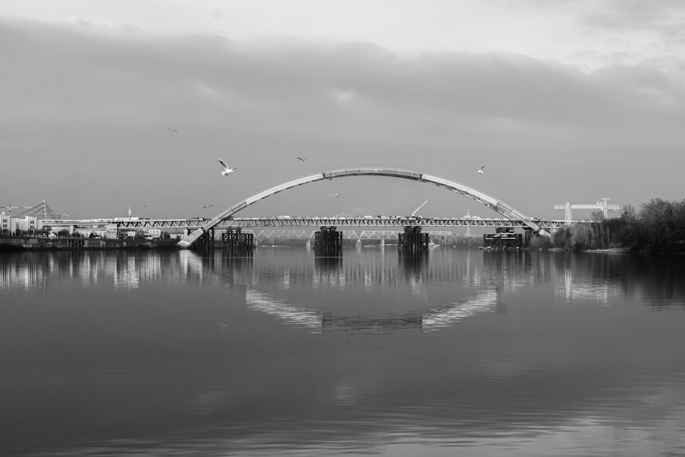 Graustufenfoto der Brücke über Wasser