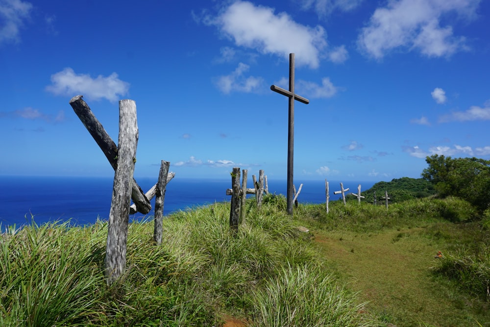 brown wooden cross on green grass field under blue sky during daytime