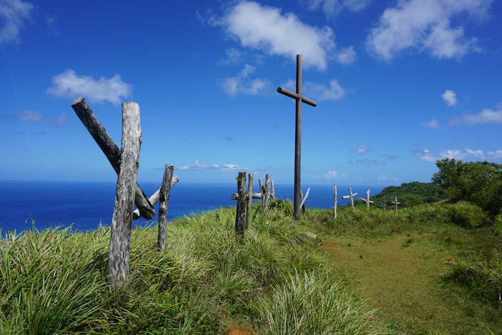 昼間の青空の下、緑の芝生に茶色の木製の十字架