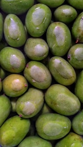 A collection of fresh, green mangoes closely packed together. The mangoes have smooth skin with patches of lighter green and are arranged in an overlapping pattern. Some mangoes have small, protruding stems visible.