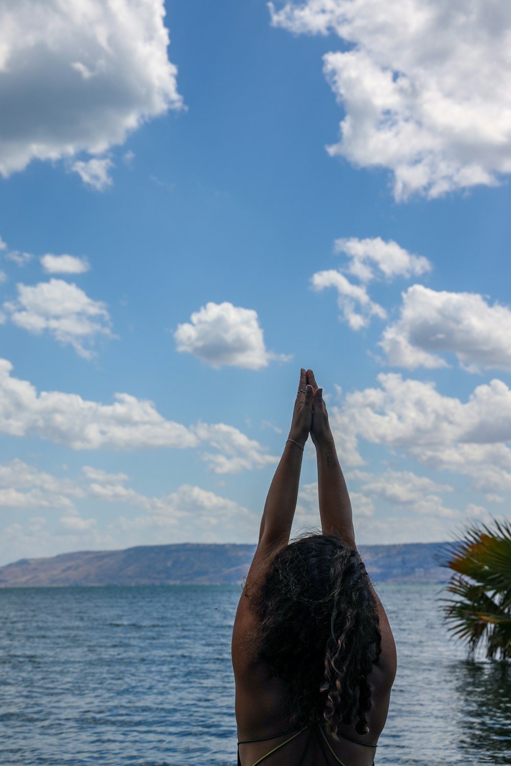 person raising his right hand near body of water during daytime