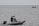 A person stands on a small inflatable boat with a motor, positioned on a vast body of water. The boat appears to have a small flag, and in the background, another boat with people is visible far on the horizon.