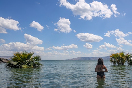 woman in black bikini sitting on green grass near sea under blue and white cloudy sky in Sea of Galilee Israel