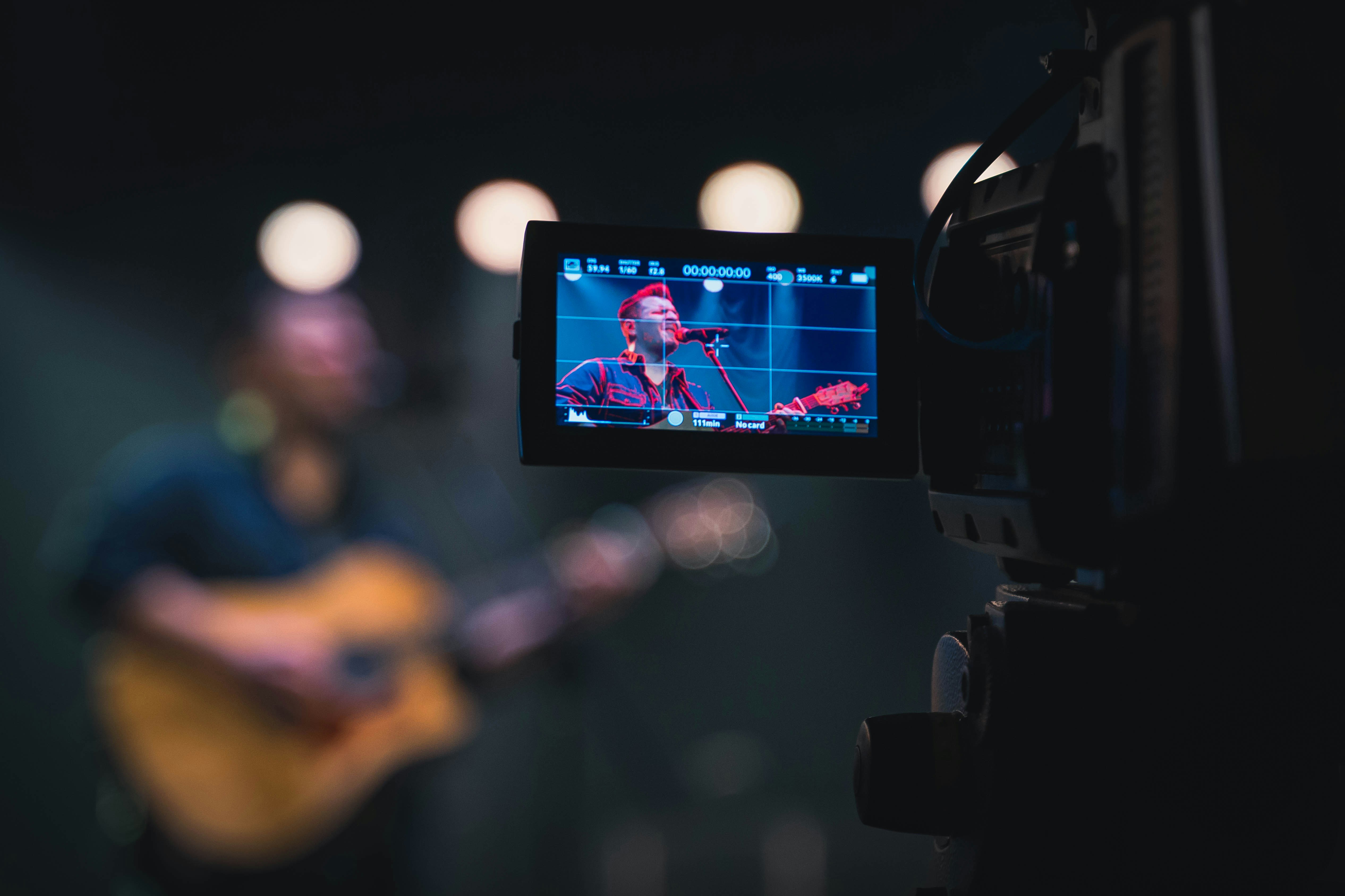 A camera records a man playing guitar for a livestream, his music is protected by public performance copyright law