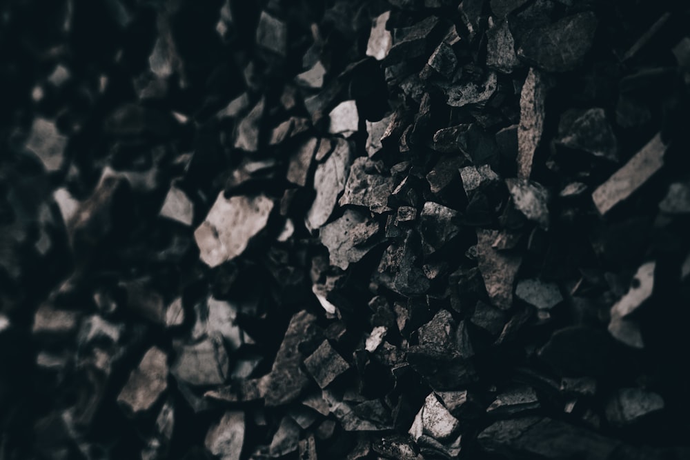 grayscale photo of pile of rocks