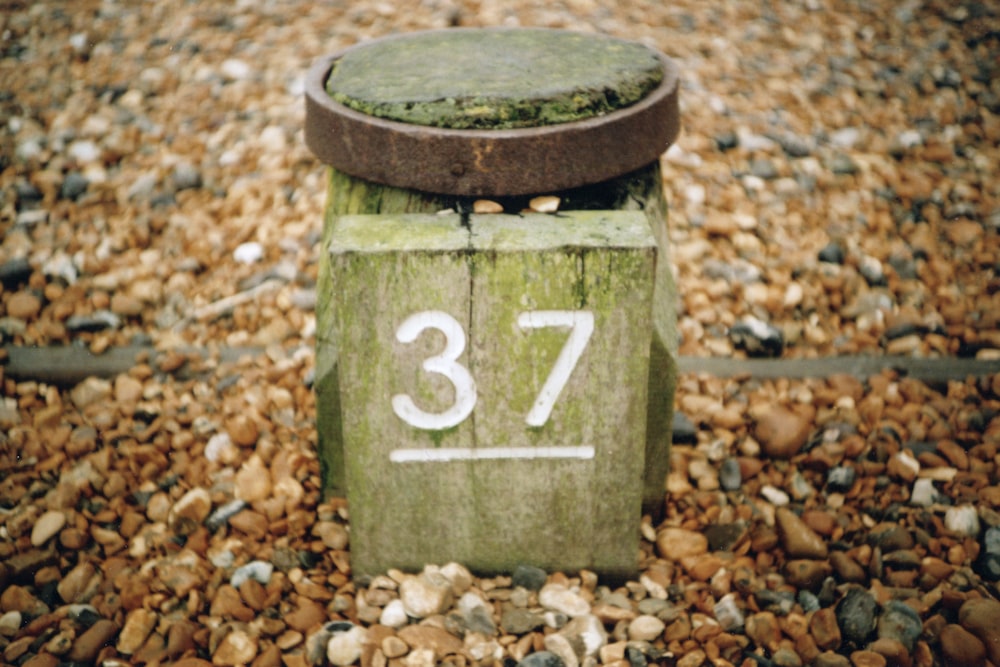 green and white wooden box on brown and white stones