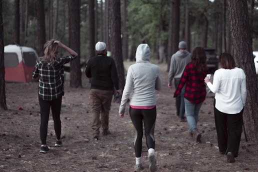 A group of people walk through a forested area. They are dressed in casual, warm clothing suited for outdoor activities. The scene includes tall trees and a tent, indicating a camping environment. The individuals appear to be walking away from the camera into the woods.