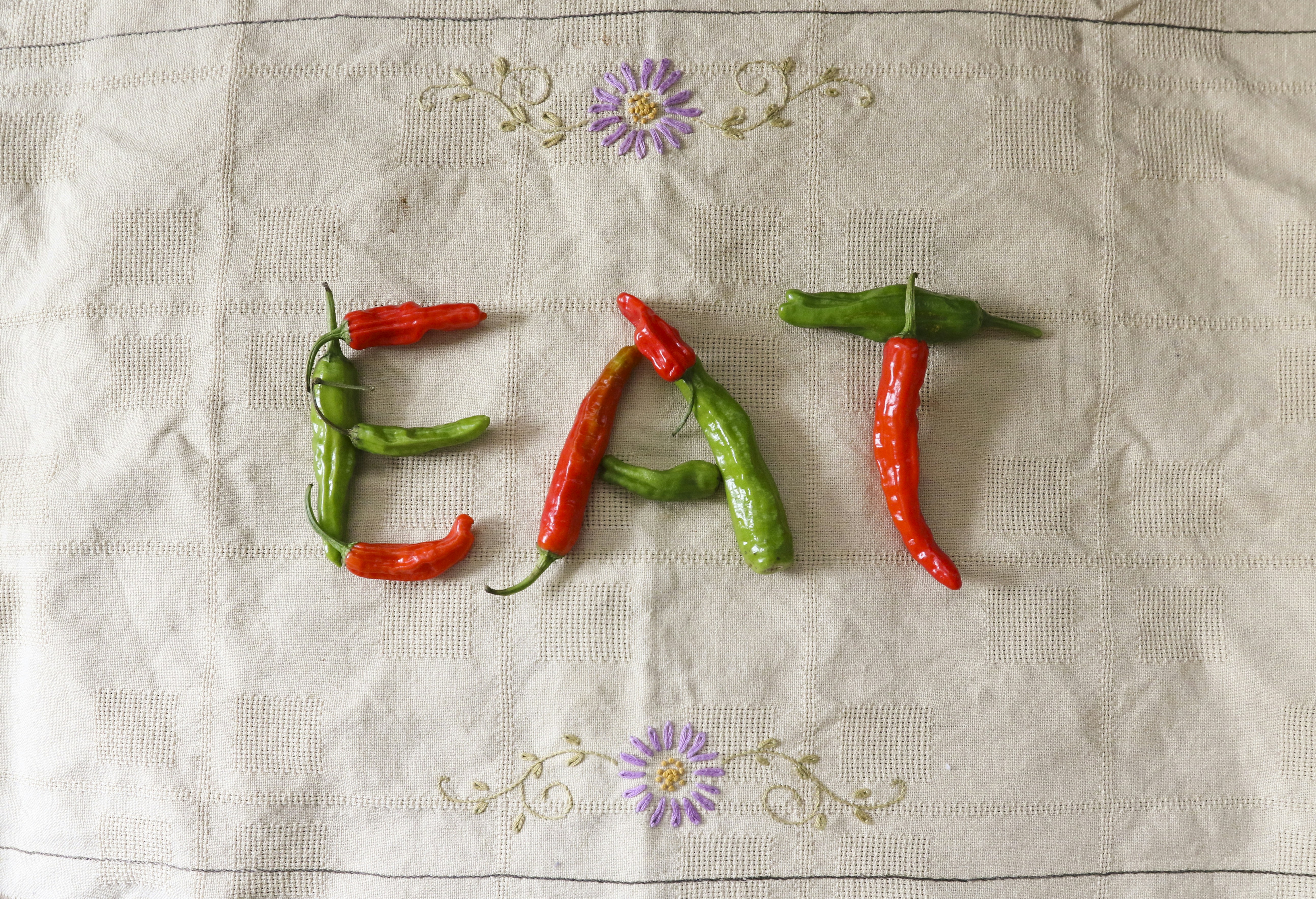 We were given an entire box of peppers. We couldn't possibly eat an entire box, so we had to give away a bunch before they spoiled. And I took photos too of meaningful food related words.