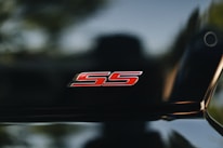 A shiny black surface prominently displays a red emblem with the letters 'SS' in a bold, stylized font. The background is blurred with hints of green, suggesting an outdoor setting.
