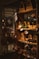 A wooden shelf in a store displays various handcrafted items such as cups, bowls, and utensils packaged in eco-friendly cardboard boxes. These items hang from hooks, showcasing earthy tones and rustic designs, with natural lighting emphasizing the warm atmosphere.