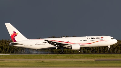 An airplane with the Air Niugini livery is touching down on a runway. The background is a dark, overcast sky with trees lining the horizon. The landing gear is visible, and there is a slight smoke puff from the tires making contact with the runway.