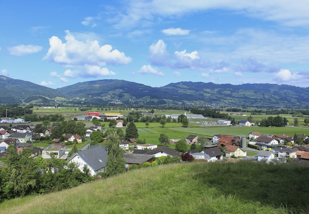 green grass field near houses and trees under blue sky during daytime