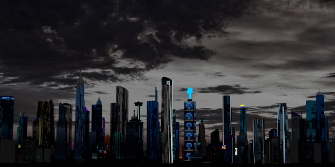A futuristic cityscape featuring a skyline with a variety of tall, modern skyscrapers under a dramatic, cloud-filled sky. The buildings are illuminated with lights and digital screens, some displaying logos or advertisements. The setting appears to be at dusk or night, giving a vibrant yet somewhat eerie atmosphere.