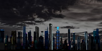A futuristic cityscape featuring a skyline with a variety of tall, modern skyscrapers under a dramatic, cloud-filled sky. The buildings are illuminated with lights and digital screens, some displaying logos or advertisements. The setting appears to be at dusk or night, giving a vibrant yet somewhat eerie atmosphere.