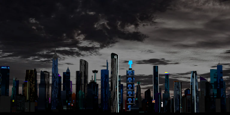 A dimly lit, futuristic cityscape under a stormy sky, hinting at an uncertain future.