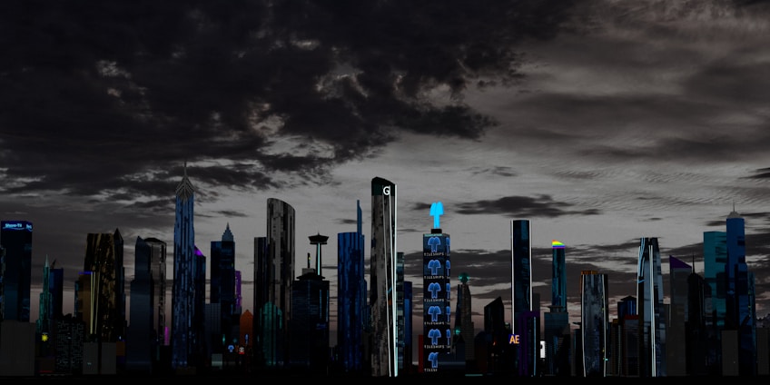 A futuristic cityscape with digital overlays representing technology and innovation.