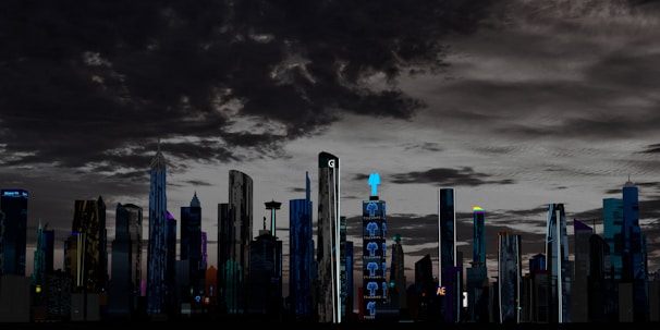 A futuristic cityscape featuring a skyline with a variety of tall, modern skyscrapers under a dramatic, cloud-filled sky. The buildings are illuminated with lights and digital screens, some displaying logos or advertisements. The setting appears to be at dusk or night, giving a vibrant yet somewhat eerie atmosphere.