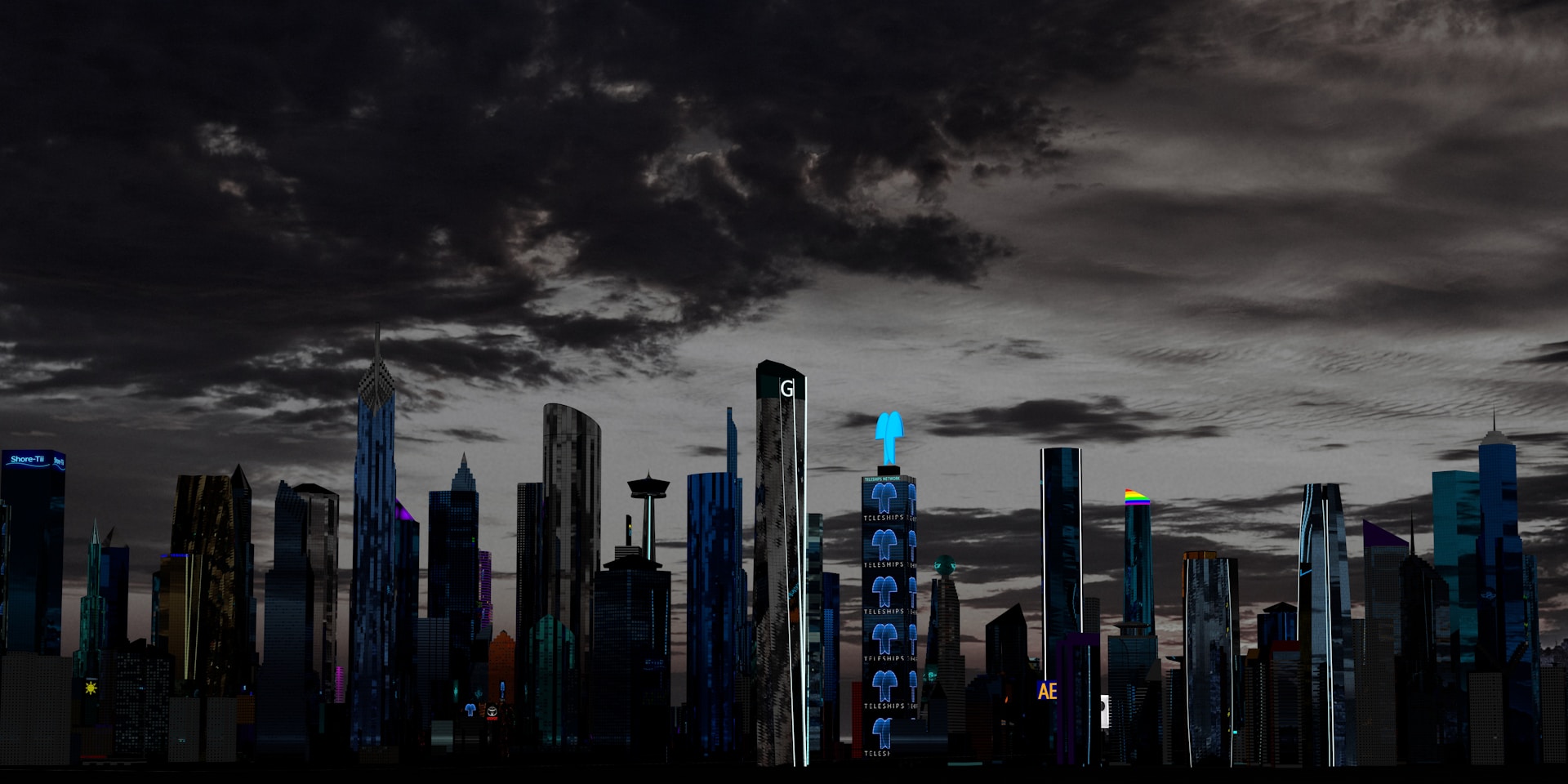 A futuristic city skyline with glowing buildings and digital screens at night.