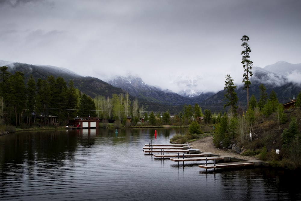 昼間は緑の木々と山の近くの湖に浮かぶ茶色の木製のドック