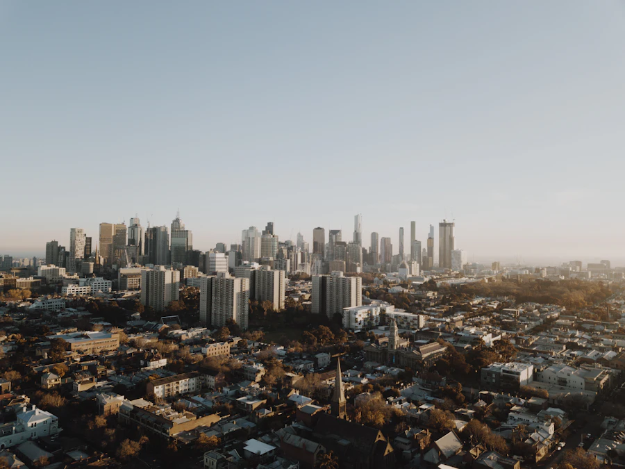 Melbourne skyline in early spring with partly cloudy skies