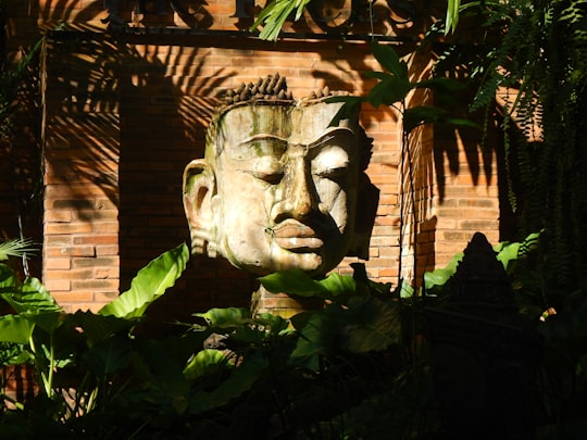 brown wooden human face carved wall decor in Chiang Mai Thailand