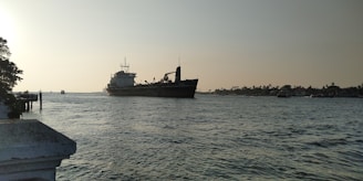 A large cargo ship sails through a wide waterway, surrounded by gentle waves. The sky is clear with a soft, warm glow suggesting either sunrise or sunset. On the left, a tree extends out over a white stone wall or pier. The far bank of the waterway is lined with silhouettes of trees and small buildings.