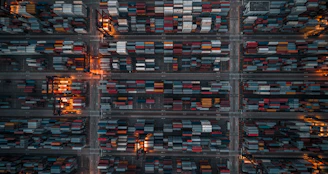 A detailed magnifying glass hovering over shipping containers in a modern Chinese industrial zone.