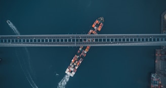 An aerial view depicts a container ship navigating a waterway beneath a large bridge. The ship is laden with multicolored containers, and a small vessel is visible leaving a trail nearby. The bridge is parallel to the bottom edge of the image, and a section of the coastline can be seen on the right.