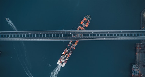 An aerial view depicts a container ship navigating a waterway beneath a large bridge. The ship is laden with multicolored containers, and a small vessel is visible leaving a trail nearby. The bridge is parallel to the bottom edge of the image, and a section of the coastline can be seen on the right.