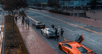 A group of people are gathered around a black sports car in the middle of a street. An orange sports car is parked nearby with its door open. Several other people are walking on the sidewalk lined with trees. The background shows buildings and an open area, with muted urban surroundings.