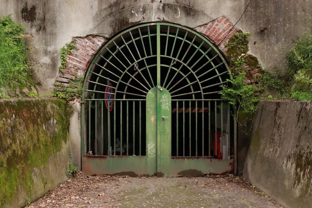 green wooden door on gray concrete wall