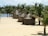 Several straw huts are situated on a sandy beach surrounded by palm trees, with the ocean visible in the background. The scene appears tropical and serene, suggesting a rustic and natural beach setting.