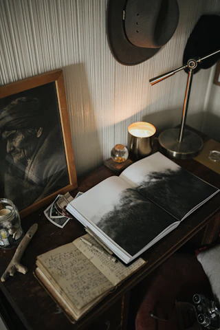 Warm portrait of the founder working late at a desk surrounded by manuscripts and books, embodying dedication and passion.