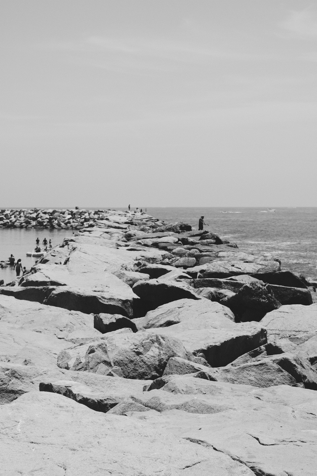 gray scale photo of rocks on sea shore