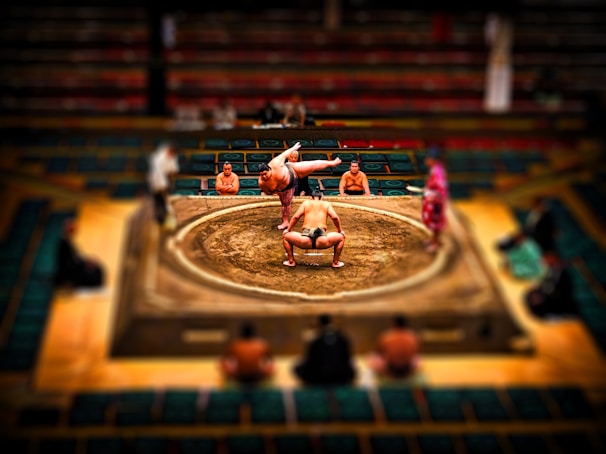 A sumo wrestling match is taking place in a traditional dohyo, surrounded by judges and spectators. The focus is on two wrestlers engaged in a dynamic confrontation with one in the process of lifting the other. The audience is seated in tiered benches, and the atmosphere is vibrant.