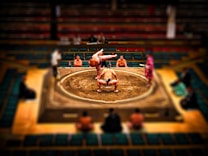 A sumo wrestling match is taking place in a traditional dohyo, surrounded by judges and spectators. The focus is on two wrestlers engaged in a dynamic confrontation with one in the process of lifting the other. The audience is seated in tiered benches, and the atmosphere is vibrant.