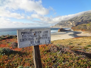 A coastline featuring a scenic view of the ocean bordered by cliffs and a beach. The foreground displays vibrant coastal vegetation and a weathered wooden sign warning against trespassing. The sky is partly cloudy, adding depth to the picturesque landscape.