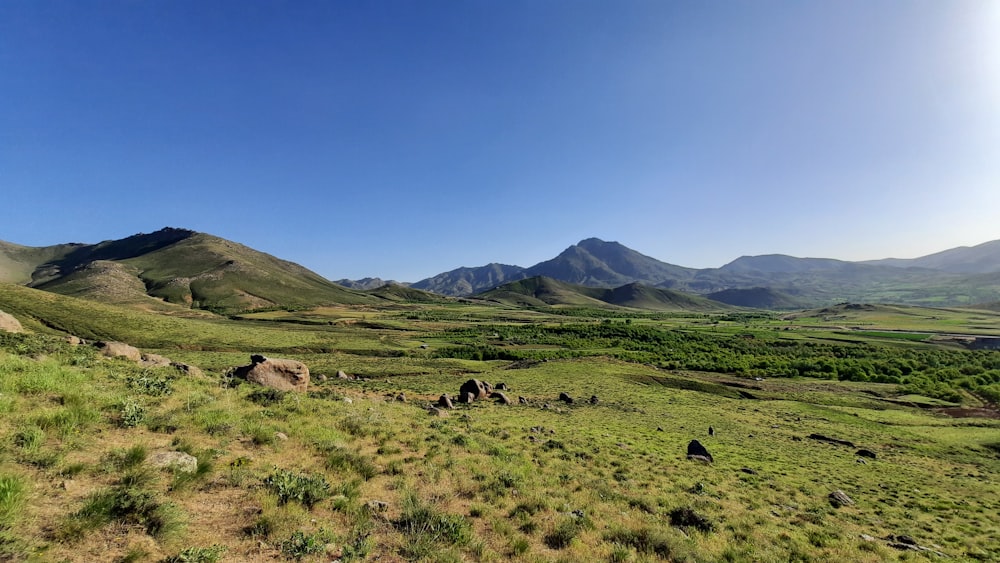 green grass field near mountain under blue sky during daytime